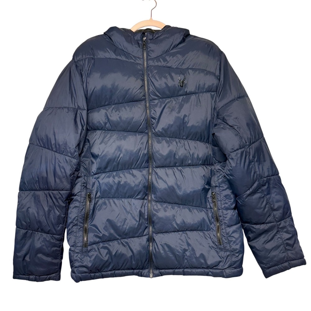 Spyder Mens Puffer Jacket Navy Blue Full Zip Hooded Quilted Coat Large L